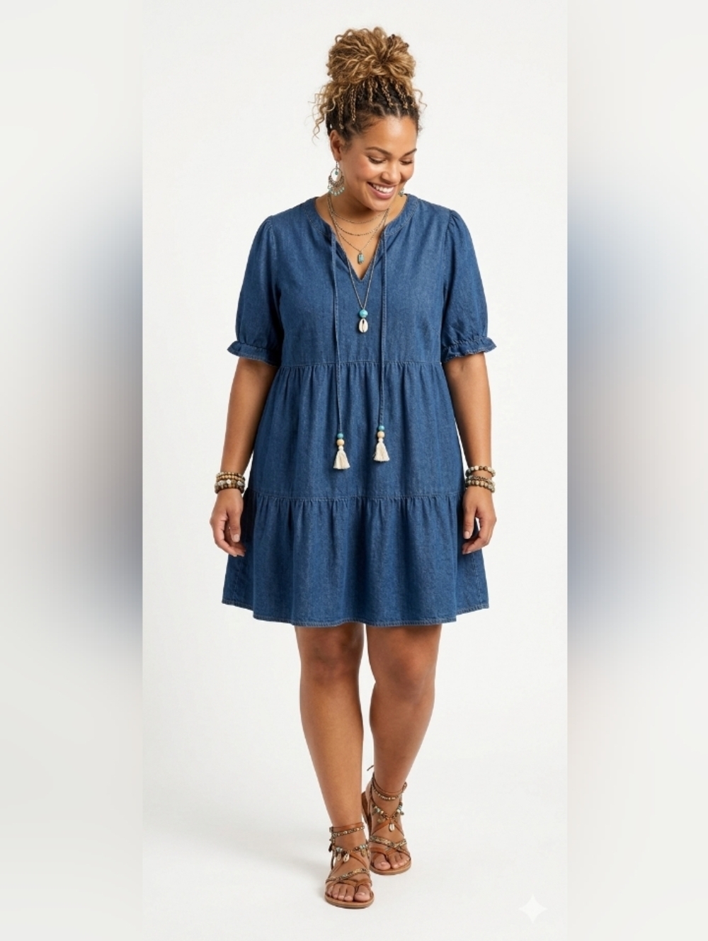 Casual 1X Boho Denim Resort Cotton Vacation Weekend Coastal Cottage Mini Dress